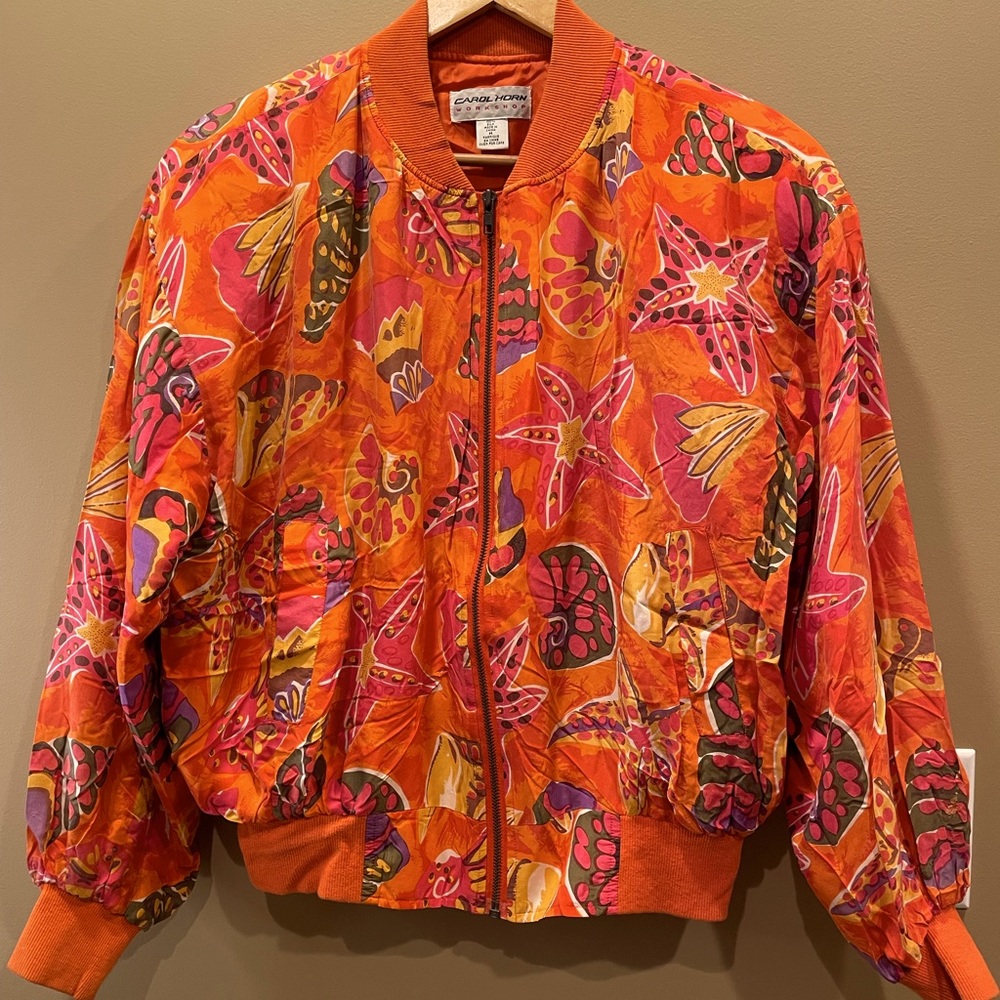 Vintage 90s 100% Silk lightweight orange seashell bomber print jacket size M